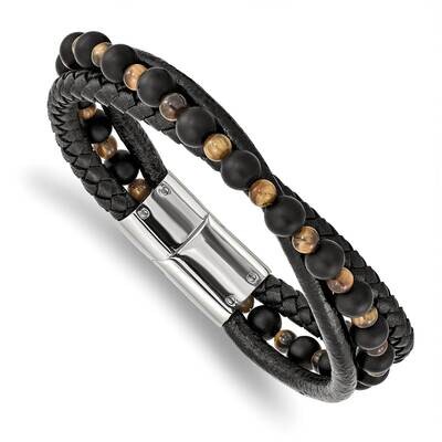 Tiger&#39;s Eye Black Agate Leather 8.25 Inch Bracelet Stainless Steel Polished SRB2464-8.25, MPN: SRB2…