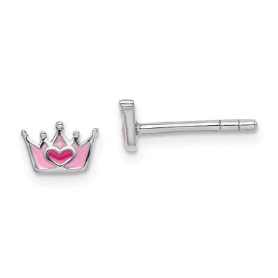 Childs Enameled Pink Crown Post Earrings Sterling Silver Rhodium-plated QE14357, MPN: QE14357, 8867…