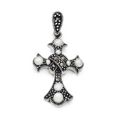 Marcasite &amp; FW Cultured Pearl Cross Pendant Sterling Silver QP3970