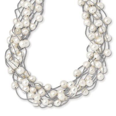 6-8mm White Cultured Freshwater Pearl Multi-strand Necklace 17.5 Inch Sterling Silver Rhodium-plate…