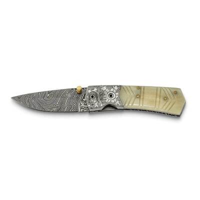 Damascus Steel 256 Layer Folding Carved Camel Bone Handle Knife KN3218, MPN: KN3218, 191101910593
