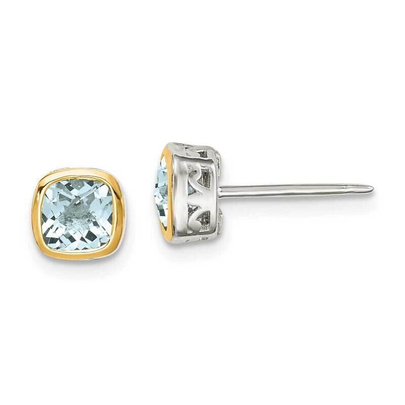 Aquamarine Square Stud Earrings Sterling Silver with 14k Gold Accent QTC1728