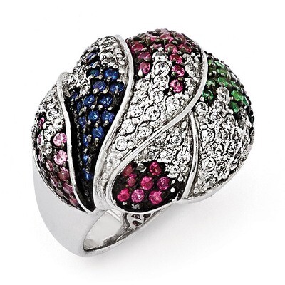 Black Rhodium Blue-Grn GlaLt &amp; Drk Synth. Ruby &amp; CZ Ring Sterling Silver QR5896-6