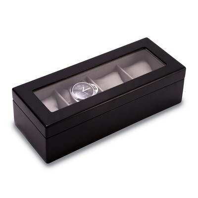 Matte Black Wood 4 Watch Box with  Glass Top and Velour Lining &amp; Pillows GM13333, MPN: GM13333, 797…