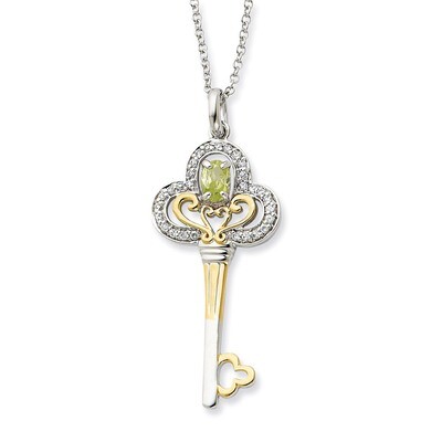 Gold-plated Aug. CZ Birthstone Key 18 Inch Necklace Sterling Silver QSX304