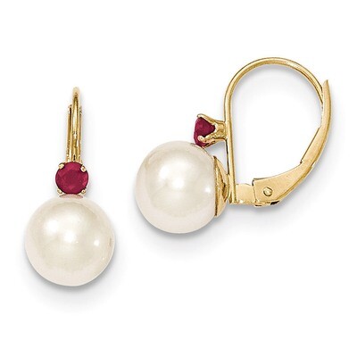 7-7.5mm White Cultured PEarringsl &amp; .13ct. Ruby Leverback Earrings 14k Gold XLB70R/PL, MPN: XLB70R/…