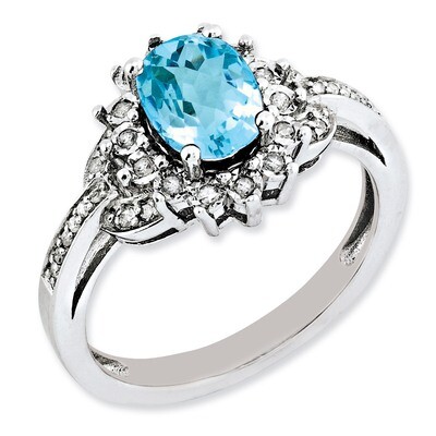 Blue Topaz Ring Sterling Silver Diamond QR3048BT, MPN: QR3048BT, 883957361772