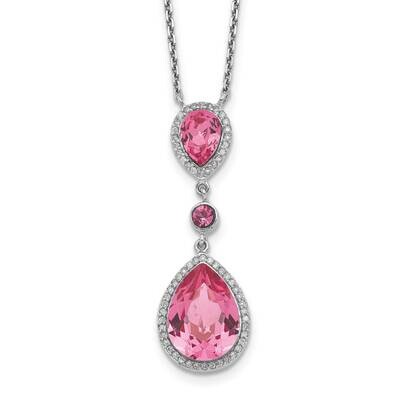 Pink Crystal Teardrop with 2 Inch Extender Necklace 16 Inch Sterling Silver Rhodium-Plated QG5549-1…