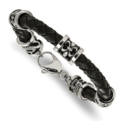 Fleur De Lis/Dragon Black Leather Bracelet Stainless Steel Polished Antiqued SRB2063-8.5 by Chisel,…