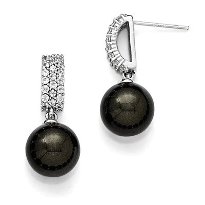 10-11Mm Black Shell Bead &amp; CZ Dangle Earrings Sterling Silver QMJE109B, MPN: QMJE109B, 886774293639