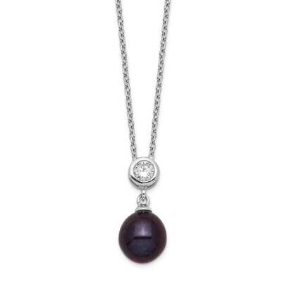 8-9mm Black Rice Freshwater Cultured Pearl CZ Diamond Necklace Sterling Silver Rhodium Plated QH550…