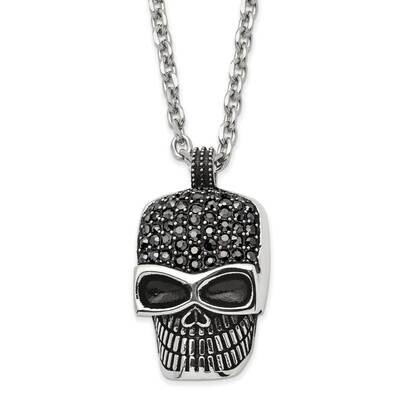 24 Inch Polished and Antiqued with Black Crystal Skull Neckla Stainless Steel SRN2862-24 by Chisel,…