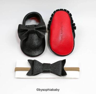 Black leather Moccasins BLACK w/ Red sole Bow Moccasins Baby Leather Shoes Toddler Moccasins Red Ba…