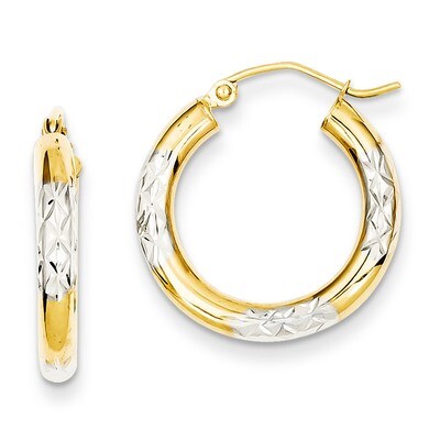Diamond-cut 3x20mm Hoop Earrings 14K Gold &amp; Rhodium TC830, MPN: TC830, 886774731414