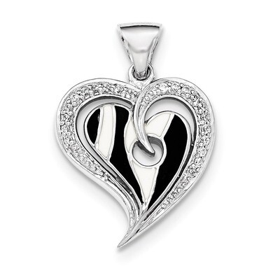 Polished Heart With Black And White Enamel CZ Pendant Sterling Silver QP4191