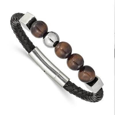 Tiger&#39;s Eye Beads Black Leather 8 Inch Bracelet Stainless Steel Polished SRB2487-8, MPN: SRB2487-8,…