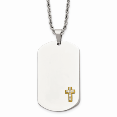 14k Gold Diamonds Cross Dog Tag Necklace Stainless Steel SRN915-24 by Chisel, MPN: SRN915-24, 88395…