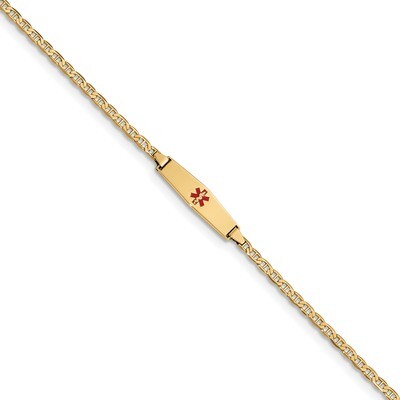 6 Inch Medical Soft Diamond Shape Red Enamel ID w Semi-Solid Anchor Bracelet 14k Gold XM601CC-6, MP…