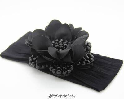Baby Headband Black Pearl Flower Headband Baby Flower Headband Big Flower Headband Flower Girl Head…