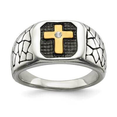 Polished Yellow Ip-Plated with Crystal Cross Ring Stainless Steel Antiqued SR635-10, MPN: SR635, 19…