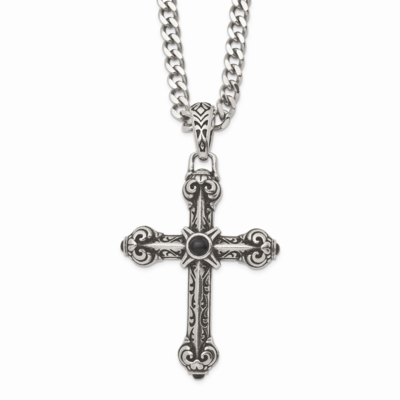 Cross Synthetic Black Agate 24 Inch Necklace Stainless Steel Antiqued SRN1059-24 by Chisel, MPN: SR…