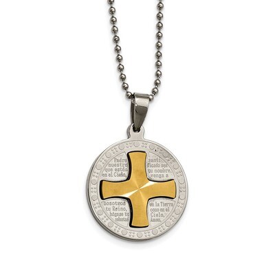 Yellow IP Spanish Lords Prayer Necklace Stainless Steel Brushed Polished SRN2113-20 by Chisel, MPN:…