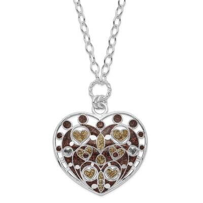 Gold-Tone &amp; Brown Glitter Enamel Heart Necklace Sterling Silver Polished QG2845-18, MPN: QG2845-18,…