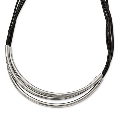 Polished 3 Steel Tube with Black Wax Cord Necklace Stainless Steel SRN2227-18