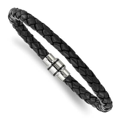 Black Ip-Plated Black Woven Leather Bracelet 9 Inch Stainless Steel Polished SRB1347-9 by Chisel, M…