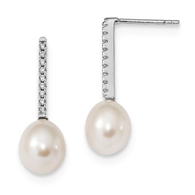 8-9mm Rice Cultured Freshwater Pearl CZ Diamond Post Dangle Earrings Sterling Silver Rhodium-plated…