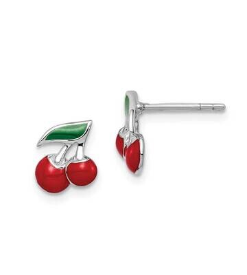 Childs Enameled Cherry Post Earrings Sterling Silver Rhodium-plated QE14332, MPN: QE14332, 88395794…
