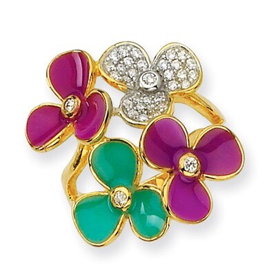 Cz Enamel and Gold-Plated Flower Ring Sterling Silver QCM816-6