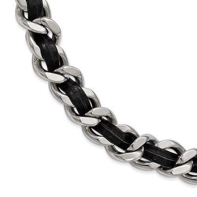 Black Leather with 2 Inch Extender Curb Choker Necklace Stainless Steel Polished SRN2003-15 by Chis…