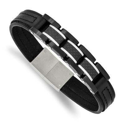 Polished Black Ip Carbon Fiber Leather Bracelet Stainless Steel Brushed SRB2965-8.25, MPN: SRB2965-…