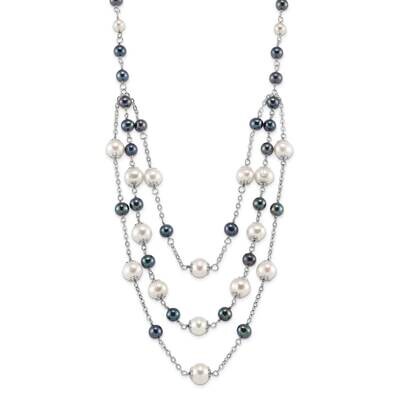 6-10mm Wte/Black Cultured Freshwater Pearl Layered 2 Inch Ext. Necklace Sterling Silver Rhodium-pla…
