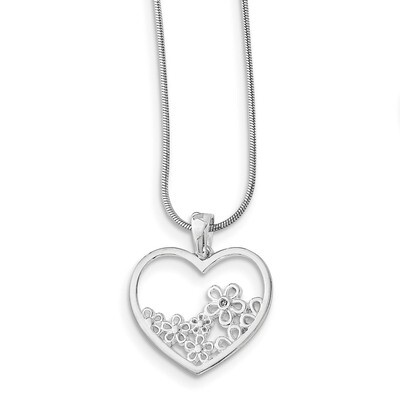 Heart Shaped with Flower Center Necklace Sterling Silver QW343-18, MPN: QW343-18, 886774968841