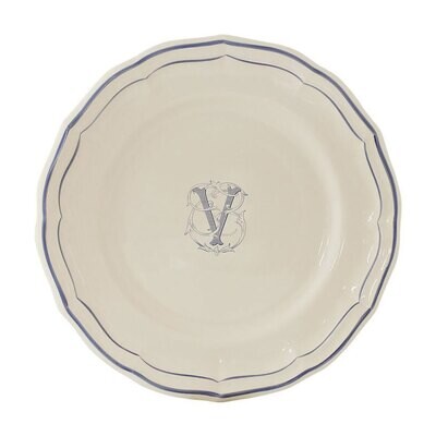 Gien Monogram Filet Bleu Dessert Plate Letter V 1710ADEV22, MPN: 1710ADEV22, 840769019673