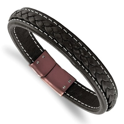 Brown IP-plated Genuine Leather 8.25 Inch Bracelet Stainless Steel SRB2218-8.25 by Chisel, MPN: SRB…