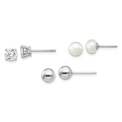 Ball 6-7mm Button Fwc Pearl CZ Stud Ear Set Sterling Silver Rhodium-Plated QE16324SET, MPN: QE16324…