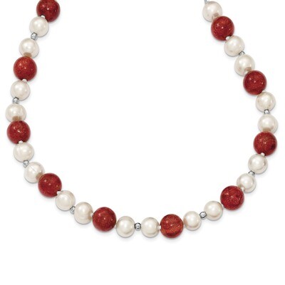 18 Inch Pearls &amp; Stabilized Red Coral Necklace Sterling Silver Cultured QH4560-18, MPN: QH4560-18, …