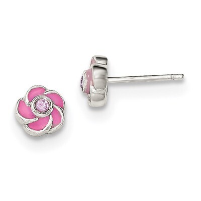 Enamel Flower CZ Diamond Post Earrings Sterling Silver Polished QE12237, MPN: QE12237, 883957812199