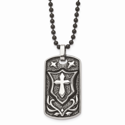 Cross Dog Tag Pendant Necklace Stainless Steel Antiqued SRN878-24 by Chisel, MPN: SRN878-24, 191101…