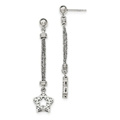 Cz Star 2 Strand Diamond Cut Post Dangle Earrings Sterling Silver QE11447