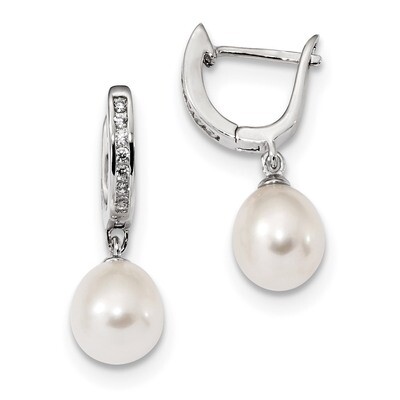 8-9mm Rice Cultured Freshwater Pearl CZ Diamond Dangle Hoop Earrings Sterling Silver Rhodium-plated…