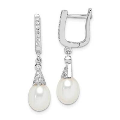 7-8mm White Rice Freshwater Cultured Pearl CZ Diamond Earrings Sterling Silver Rhodium Plated QE152…