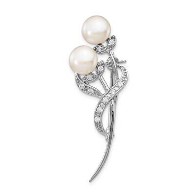 7-8mm White Button Freshwater Cultured Pearl CZ Diamond Brooch Sterling Silver Rhodium Plated QP504…