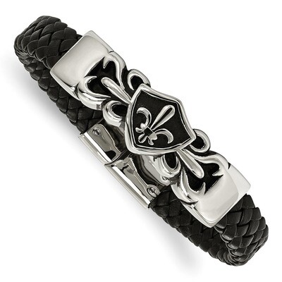 Polished Fleur de Lis Black Leather Bracelet Antiqued Stainless Steel SRB1625-8.25 by Chisel, MPN: …