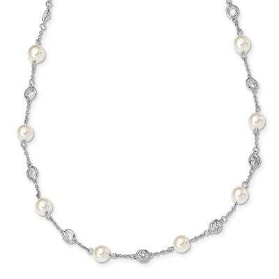 CZ Diamond &amp; Simulated Pearl Station 18.25 Inch Necklace Sterling Silver Rhodium Plated QCM1397-18.…