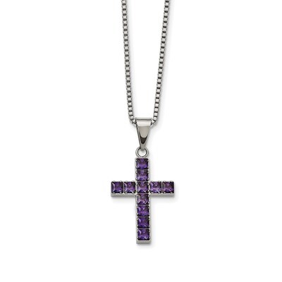 Purple Square CZ Cross Necklace Stainless Steel Polished SRN2269-18 by Chisel, MPN: SRN2269-18, 191…