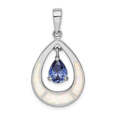 Created Opal Inlay &amp; Blue CZ Diamond Teardrop Pendan Sterling Silver Rhodium-plated QP5135, MPN: QP…